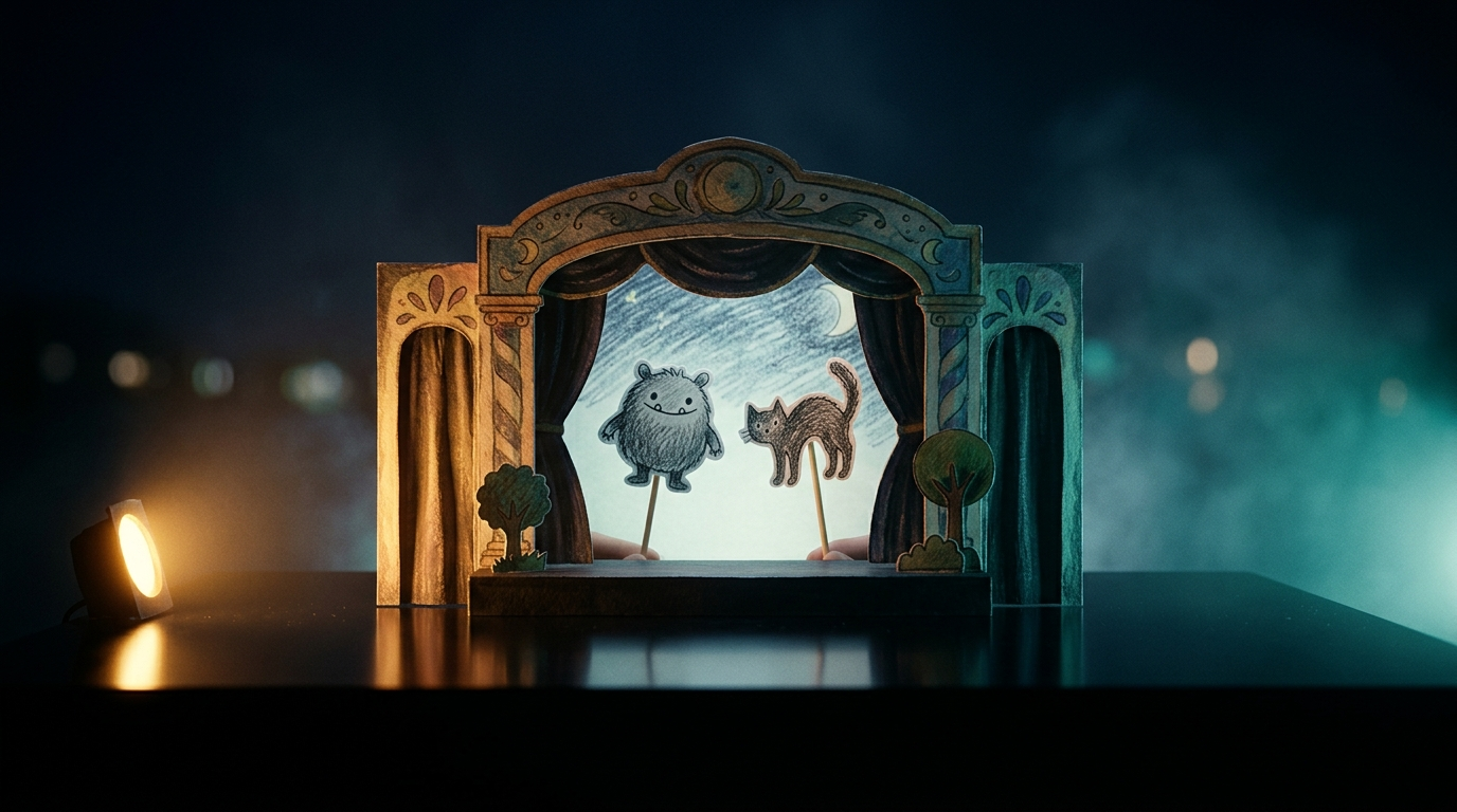A small paper puppet theatre lit from the left in amber and from the right in teal, with a crayon monster and a cat acting on the stage